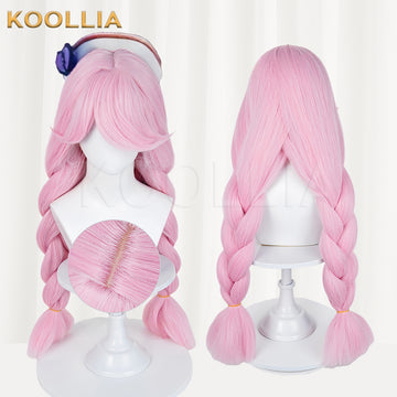 Front and back views of the long pink Heather cosplay wig from Eggy Party, featuring thick twin braids, a blue hat accessory, and a close-up inset of the top crown detail.