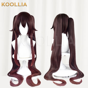 Koollia Genshin Impact Hu Tao long brown twin-tail cosplay wig, front and angled back view