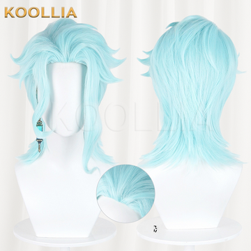 Multi-angle display of Genshin Impact Il Dottore solid light ice blue layered wolf cut basic wig