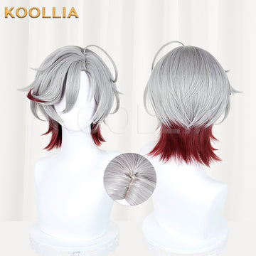 Multi-angle display of Genshin Impact Illuga short grey red hair basic wig