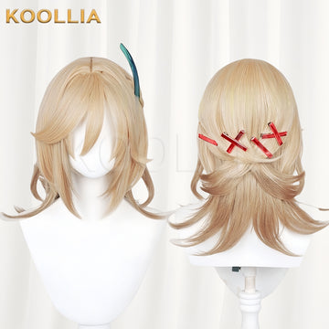 Koollia Genshin Impact Kaveh short blonde layered cosplay wig, front and back view showing green and red hair clip accessories