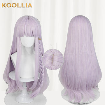Front and back views of the Kirigiri Kyoko cosplay wig from Danganronpa, featuring long straight light purple hair, neat bangs, her signature side braid, and a close-up inset of the top crown detail.