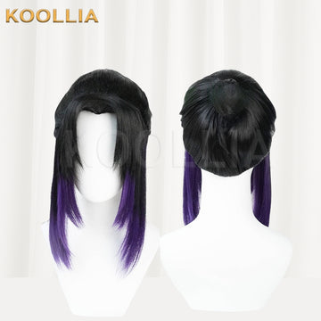 Front and back views of the Kochou Shinobu cosplay wig from Demon Slayer, featuring black hair with purple tips and her signature half-up styling.