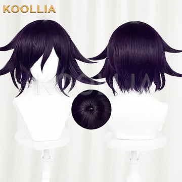 Front and back views of the Kokichi Oma cosplay wig from Danganronpa, featuring short dark purple hair with spiky, outward-facing tips and a close-up inset of the top crown detail.