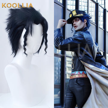 Split view showing the short black Kujo Jotaro cosplay wig from JoJo's Bizarre Adventure styled on a mannequin head alongside a cosplayer modeling the full look with his signature hat.