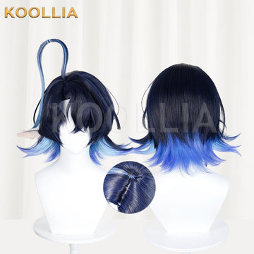 Multi-angle display of Arknights Lumen short blue hair basic wig