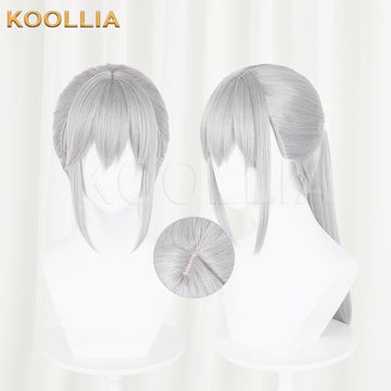 Front and back views of the Luna cosplay wig from Delta Force, featuring long silver hair tied in a sleek ponytail and a close-up inset of the top crown detail.