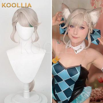 Koollia Genshin Impact Lynette silver cosplay wig with green streak on mannequin next to a cosplayer wearing the styled wig, cat ears, and costume