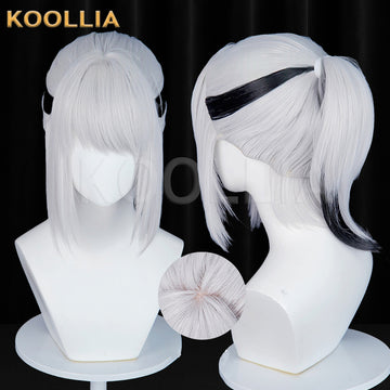 Front and angled views of the Mai Xiaowen Hackclaw cosplay wig from Delta Force, featuring a silvery-white bob with a half-up ponytail, black headband, and a close-up inset of the top crown detail.