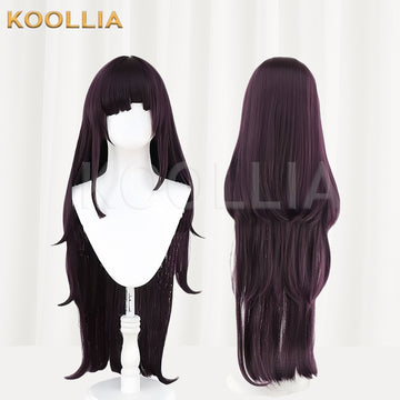 Front and back views of the Mikan Tsumiki cosplay wig from Danganronpa, featuring long dark purple hair with straight layers and soft inward curls at the ends.