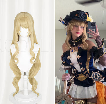 Koollia Genshin Impact Navia long golden curly cosplay wig on mannequin next to a cosplayer wearing the styled wig and costume