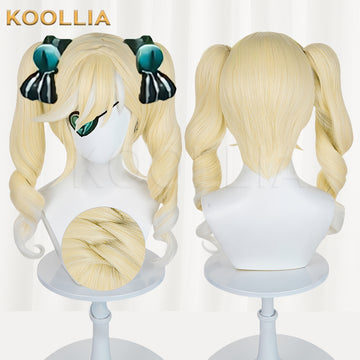 Front and back views of the Silent Stella cosplay wig from Eggy Party, featuring creamy blonde twin-tails with soft blue gradient tips, black bows, and a close-up inset of the top crown detail.