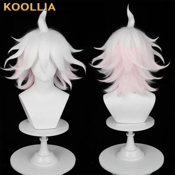 Front and back views of the Nagito Komaeda cosplay wig from Danganronpa 2, featuring a messy layered white style with a soft pink gradient and his signature top ahoge strand.