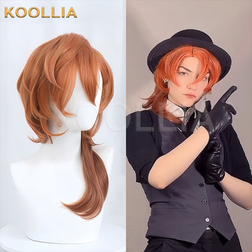 Nakahara Chuuya cosplay wig from Bungo Stray Dogs, displaying the styled orange wig on a mannequin alongside a cosplayer modeling the final look with a hat.
