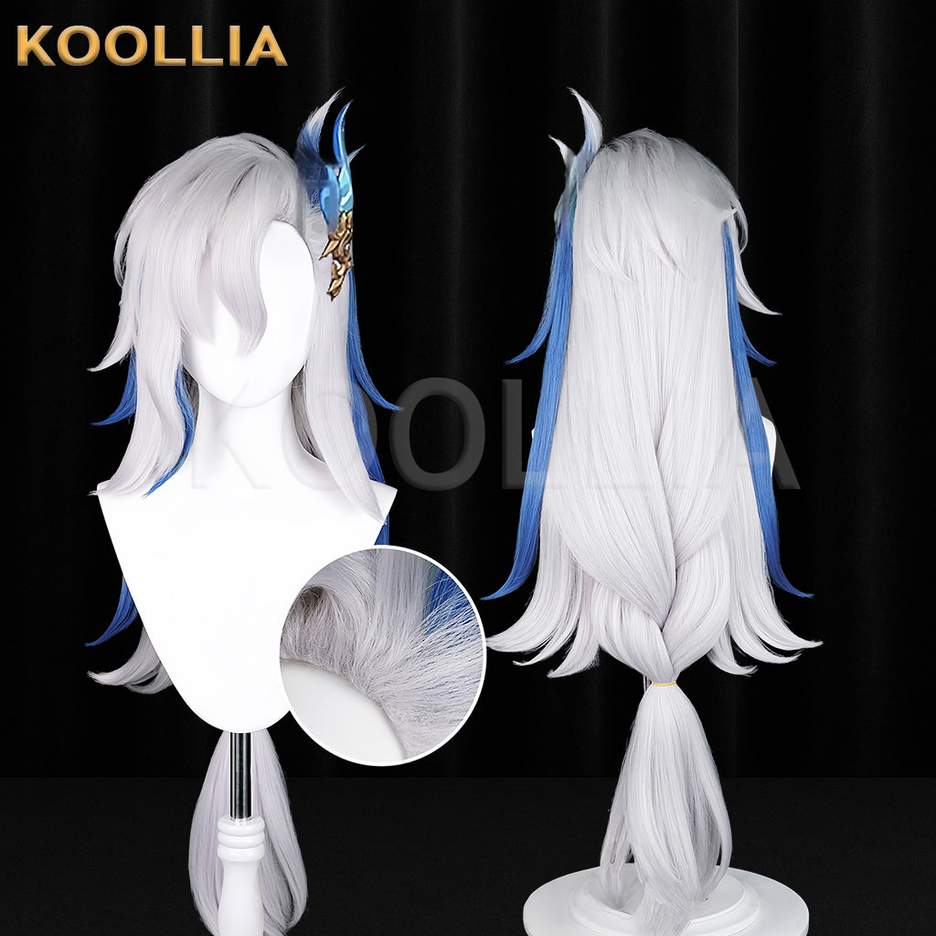 Gebshin Impact Neuvollite Long [Cinza, Branco] Peruca Básica de Cabelo