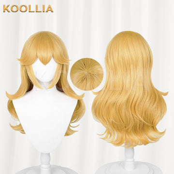 Princess Peach wig bangs and crown section close-up
