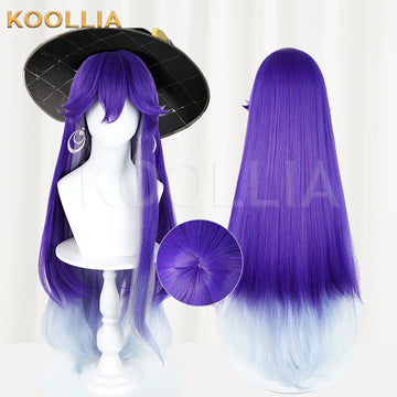 Multi-angle display of Wuthering Waves Rosella long blue purple hair basic wig