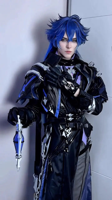 High-quality male anime cosplay costume featuring a futuristic black trench coat with silver armor accents, styled with a premium Koollia dark blue cosplay wig and a glowing blue dagger.
