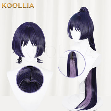Koollia Genshin Impact Wanderer Scaramouche short dark purple cosplay wig with long ponytail attachment, front and back view with cap detail