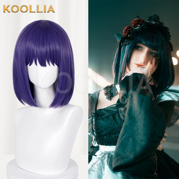 Shizuku Kuroe short purple cosplay wig on mannequin and worn by cosplayer