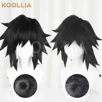 Front and back views of the Tomioka Giyuu cosplay wig from Demon Slayer, featuring layered black spiky hair and close-up insets of the top crown and back ponytail tie details.