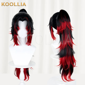 Front and back views of the Tsugikuni Yoriichi cosplay wig from Demon Slayer, featuring long black hair with fiery red streaks and a tied-back ponytail design.