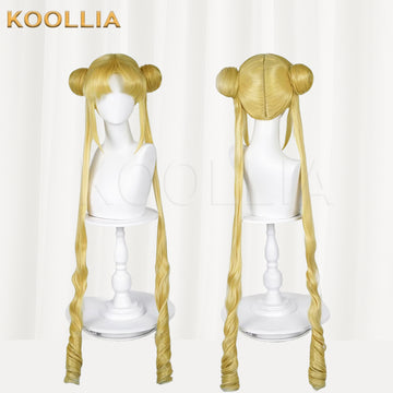 Usagi Tsukino wig with long blonde twin tails and odango buns for Sailor Moon cosplay
