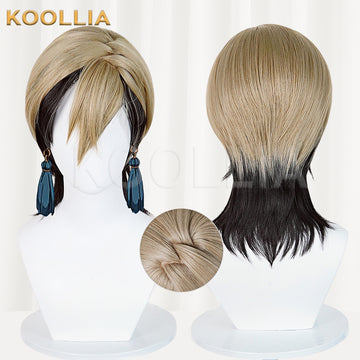 Koollia Gachiakuta Nijiku blonde and black cosplay wig, front and back view with texture detail