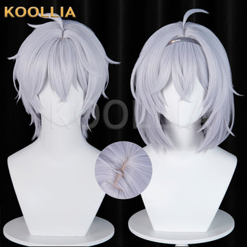 Game Neverness to Everness Esper Zero cosplay wig product display, showing a side-by-side view of a short layered cut and a shoulder-length bob cut style. Features a circular inset highlighting the realistic top hair part against a dark background.