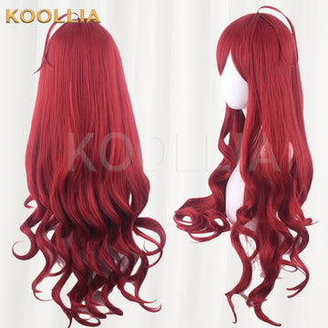 Mushoku Tensei Eris Boreas Greyrat cosplay wig product display, showing side-by-side back and side views. The extra-long wine red wig features sleek straight hair down to the mid-back that transitions into dense, voluminous wavy curls at the ends, paired with styled long side bangs and an ahoge strand on top.