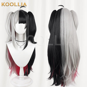 VTuber Yami Reina cosplay wig product display, showing side-by-side front and back views. The medium-long wig features a distinct half-and-half split dye style with stark white on the right and deep black on the left, styled into straight side-swept bangs, loose waves, high twin tails, a top ahoge strand, and subtle red gradient accents at the very tips.