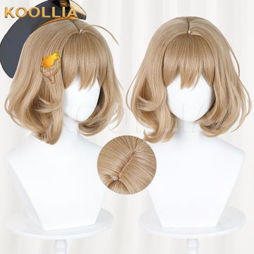 Goddess of Victory: Nikke Anis cosplay wig product display, showing a side-by-side view with one wearing the character's signature hat and one without. Features a circular inset highlighting the realistic top hair part.
