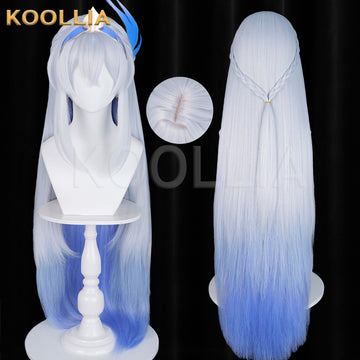 Honor of Kings Da Qiao cosplay wig product display, showing side-by-side front and back views with a white to blue gradient effect. Features a circular inset highlighting the realistic top hair part skin top against a dark background.