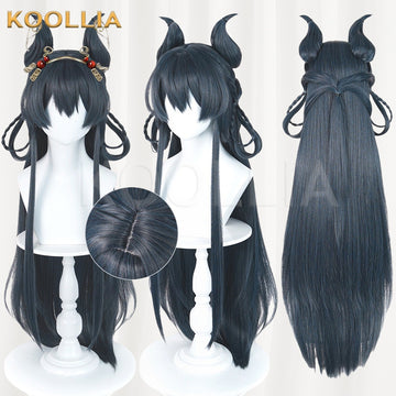 Honor of Kings Gongsun Li cosplay wig product display, showing a multi-angle combination of front, side, and back views with styled top hair horns. Features a circular inset highlighting the realistic top hair part skin top against a clean background.