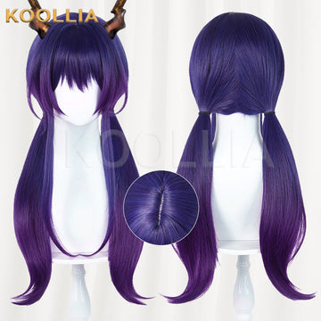 Arknights Ch'en cosplay wig product display showing front and back views, with a circular inset highlighting the realistic top hair part skin top. The long wig features a dark blue to purple gradient with twin low ponytails.