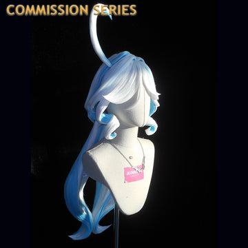 "Premium Genshin Impact Furina cosplay wig from the Koollia Commission Series, featuring styled white and light blue gradient hair with a prominent ahoge on a mannequin."