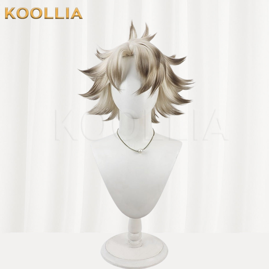 "A detailed front view of Gachiakuta Rudo cosplay wig by Koollia, showing the precise gradient dark tips on a spiky blonde short wig on a white mannequin head."