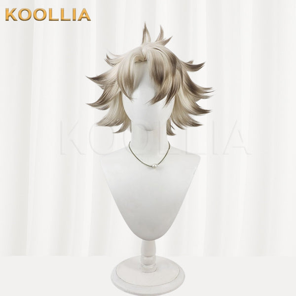 "A detailed front view of Gachiakuta Rudo cosplay wig by Koollia, showing the precise gradient dark tips on a spiky blonde short wig on a white mannequin head."