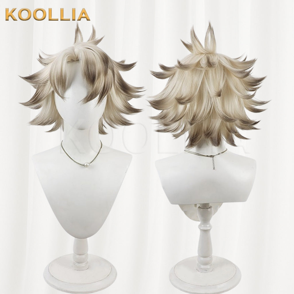 "Official Gachiakuta Rudo cosplay wig by Koollia, showing the front and back views of a gradient spiky basic wig with blonde base and dark tips on a white mannequin."