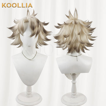 "Official Gachiakuta Rudo cosplay wig by Koollia, showing the front and back views of a gradient spiky basic wig with blonde base and dark tips on a white mannequin."