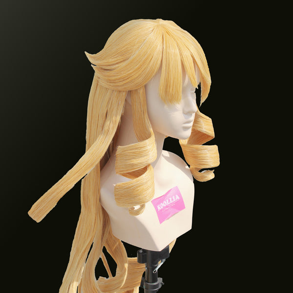 A detailed side profile view of the premium Genshin Impact Navia cosplay wig by Koollia, showing the styled blonde bangs and perfectly shaped hollow drill curls on a mannequin