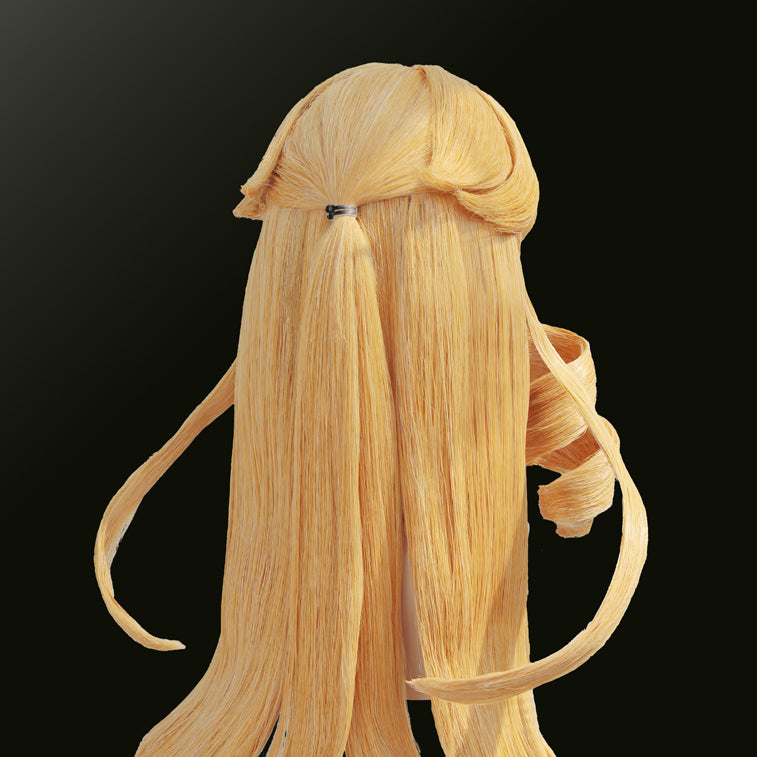 A behind-the-scenes back view of the Genshin Impact Navia cosplay wig styling process by Koollia, showing the blonde base ponytail setup and hollow drill curls in progress on a mannequin.
