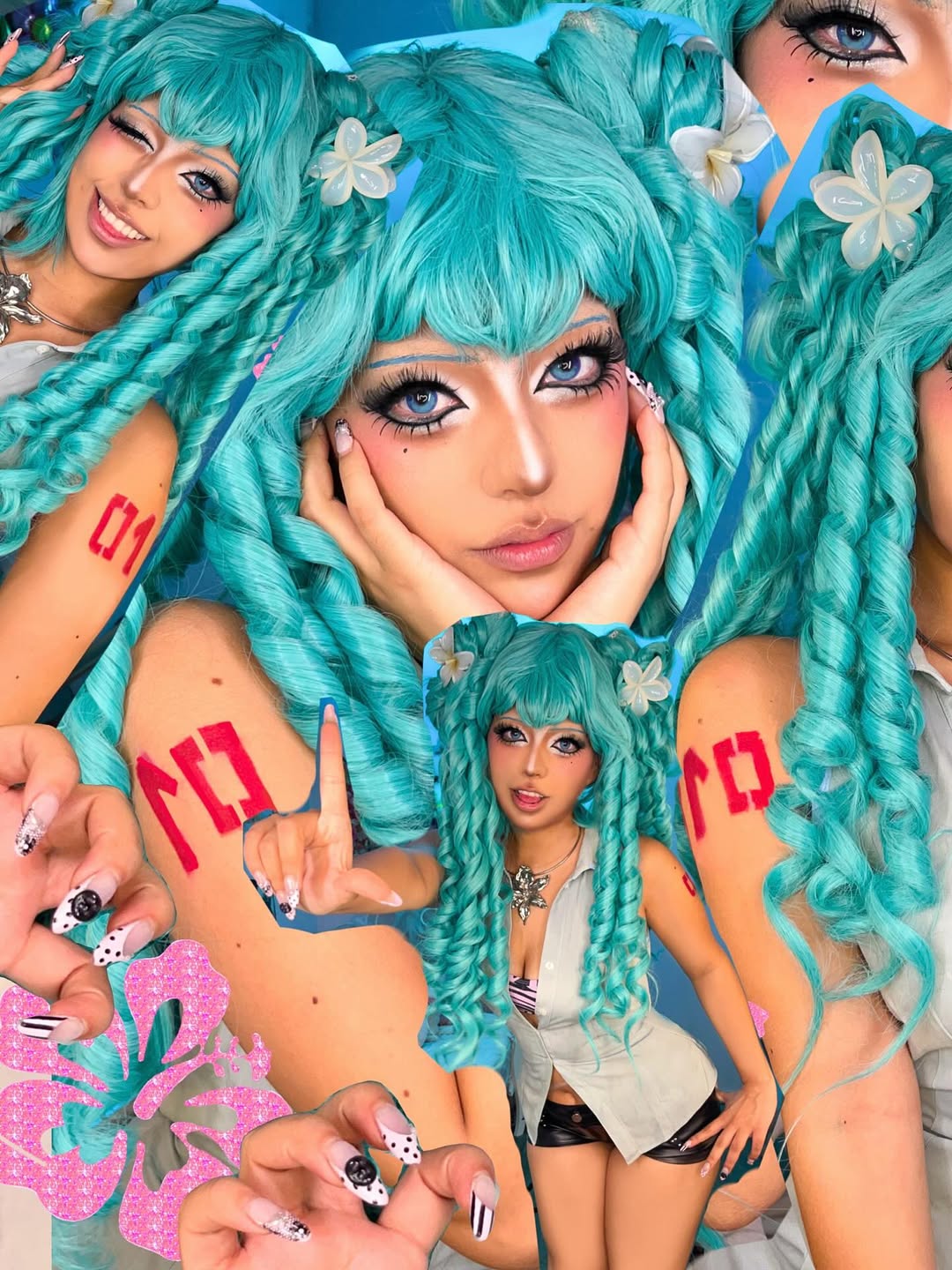 Vibrant Hatsune Miku cosplay with styled teal gyaru wig and tropical flower accessories by Koollia, showcasing the iconic 01 tattoo and summer outfit.