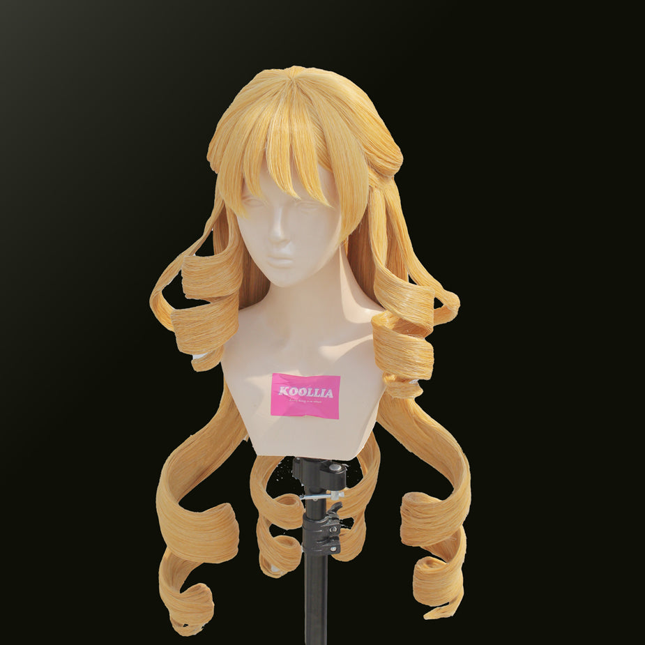 An expert front-angle example demonstrating how to trim anime wig bangs and maintain gravity-defying hollow drill curls for Genshin Impact cosplay, branded and curated by Koollia