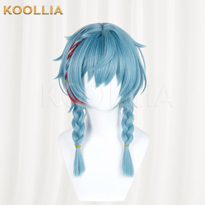 Supernatural Task Force A Nian Ice Blue Wig Pre‑Braided Twin Braids Red Highlight Realistic Scalp Top Basic Wig