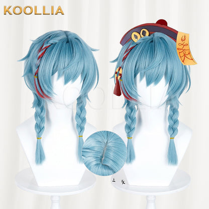 Supernatural Task Force A Nian Ice Blue Wig Pre‑Braided Twin Braids Red Highlight Realistic Scalp Top Basic Wig