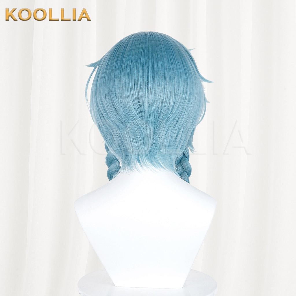 Supernatural Task Force A Nian Ice Blue Wig Pre‑Braided Twin Braids Red Highlight Realistic Scalp Top Basic Wig