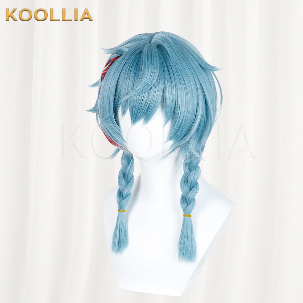Supernatural Task Force A Nian Ice Blue Wig Pre‑Braided Twin Braids Red Highlight Realistic Scalp Top Basic Wig