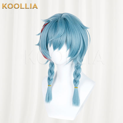 Supernatural Task Force A Nian Ice Blue Wig Pre‑Braided Twin Braids Red Highlight Realistic Scalp Top Basic Wig
