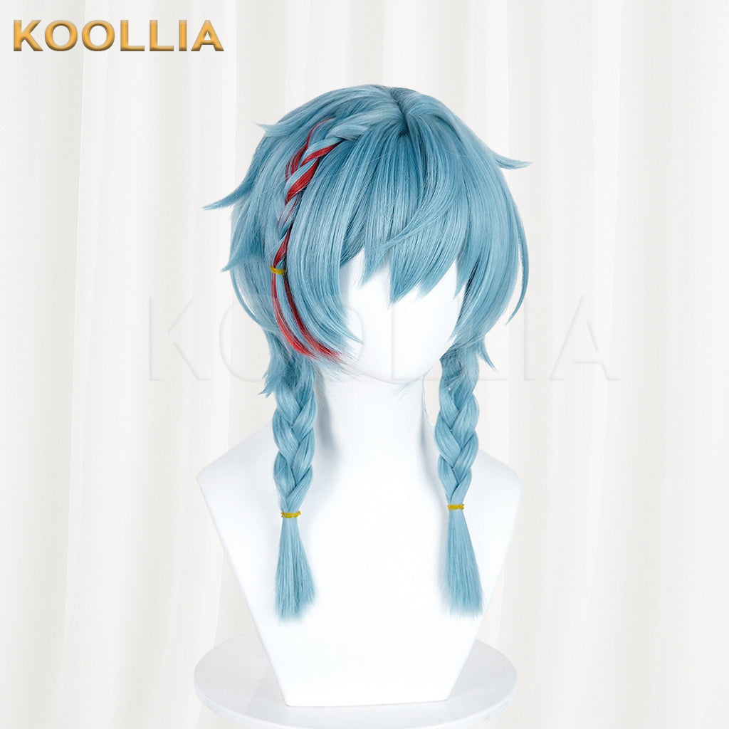 Supernatural Task Force A Nian Ice Blue Wig Pre‑Braided Twin Braids Red Highlight Realistic Scalp Top Basic Wig